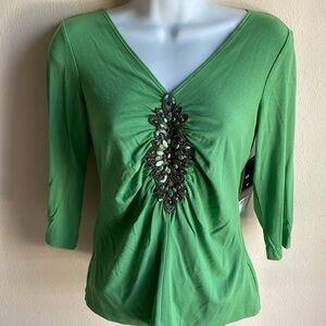 Karen Kane Petites Rain Forest Beaded V Neck Stretch Top S